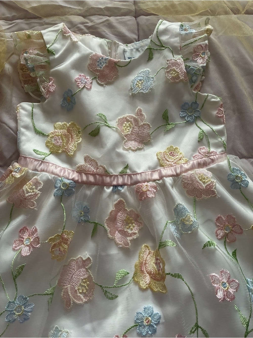 Girls Floral Embroidered White Dress with Pastel Flowers